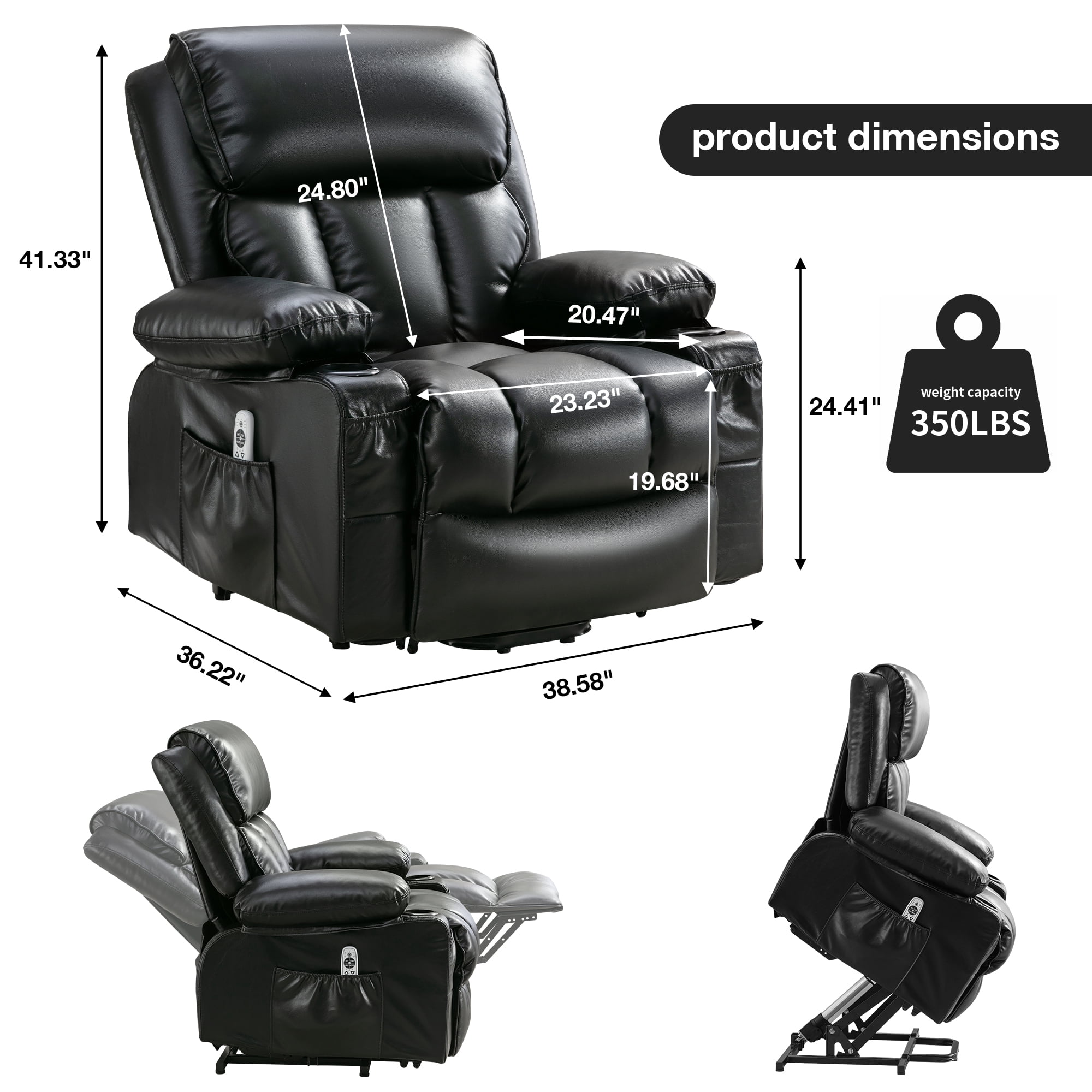 Lift Recliner Chair, LEGAHOME Electric Power Lift Recliner for Elderly with Heat Therapy and Massage, Oversized PU Leather Recliner Chair with Cup Holders, USB Port, Side Pocketst, Black