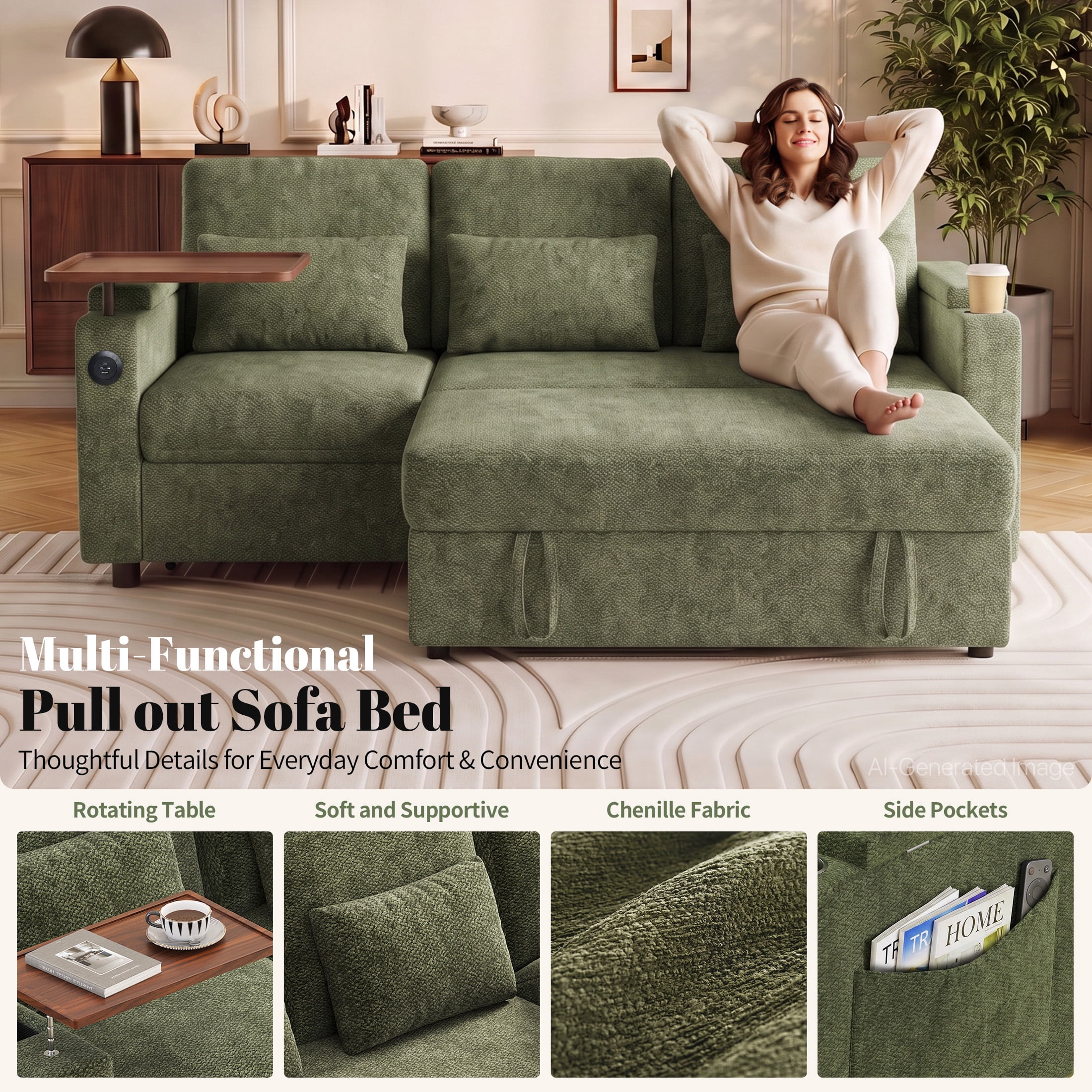 Aenkyo 81" 3-in-1 Convertible Sleeper Sofa with Pull Out Bed and Recliner, Adjustable Backrest, Green