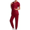 thumbnail image 2 of DPTALR Women Solid Color Loose Pants Multiple Pocket Caregiver Nursing Uniform Short Sleeve Zipper V-Neck Set, 2 of 6