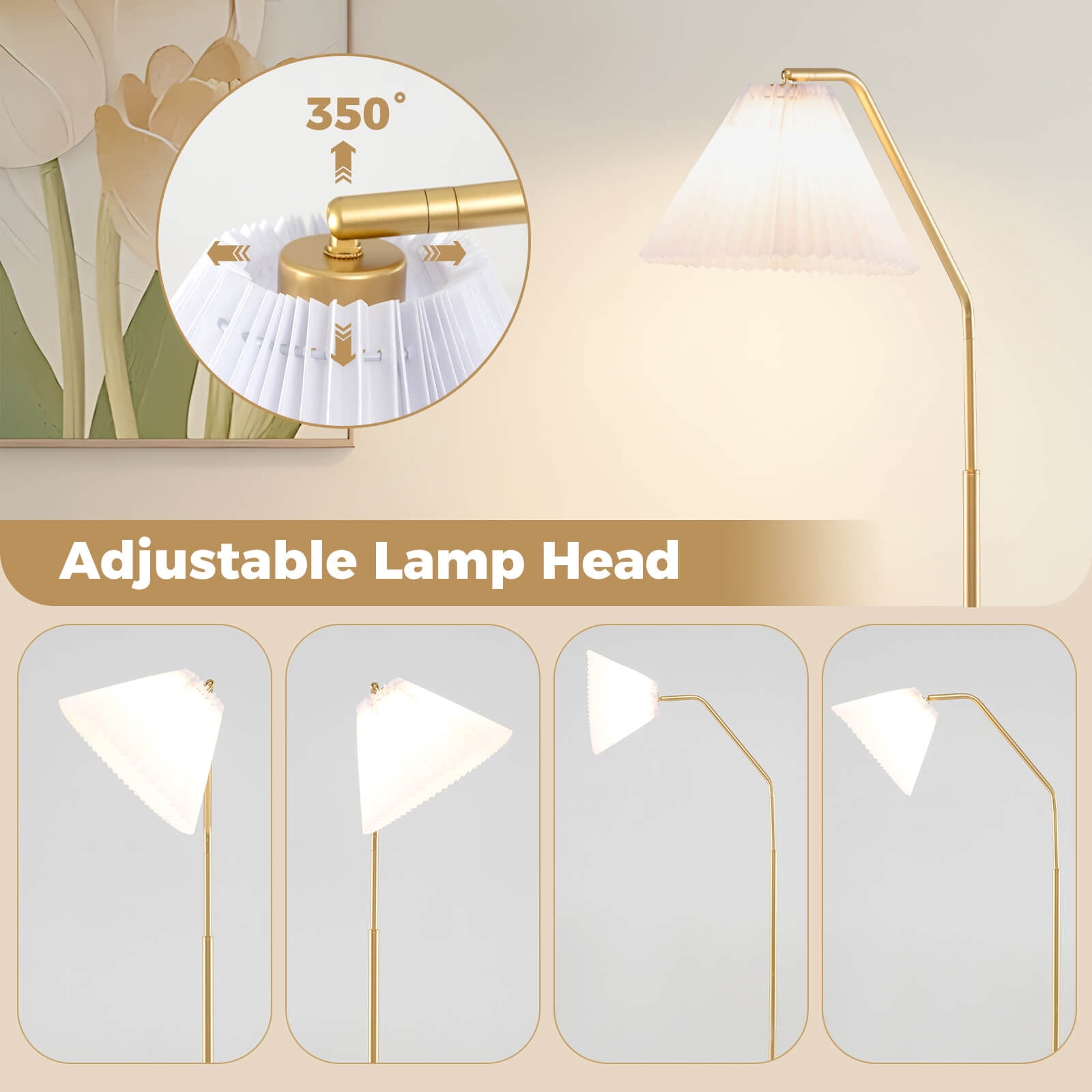 Costway 66” Arc Floor Lamp with Adjustable Lamp Head, Pleated Lampshade & Foot Switch