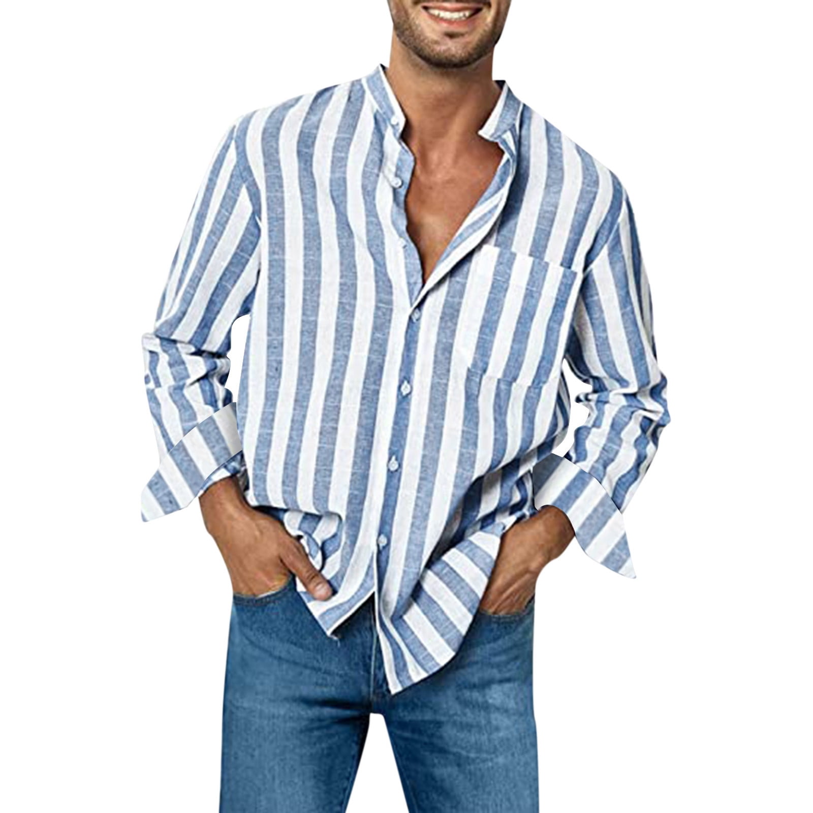 Yolai Mens Fashion Casual Striped Linen Buckle Collar Pocket Long Sleeve  Shirt Top