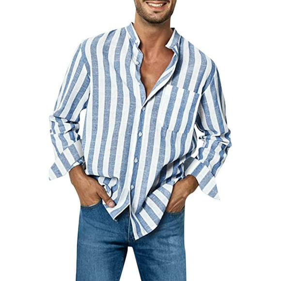 2025 Men Shirts Mens Casual Striped Dress Shirts Men Linen Buckle Collar Pocket Short Sleeve Button Down Men Long
