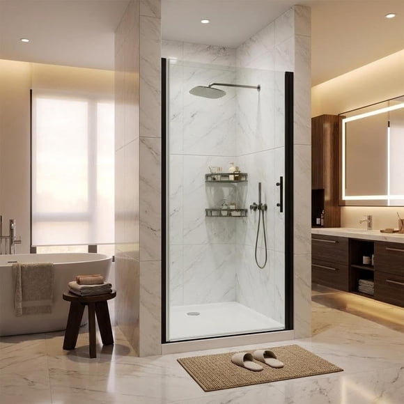 YUSAZENS 34x72 Inch Pivot Shower Door Single Swing Tempered Glass with Aluminum Frame Frameless Look for Modern Bathroom Remodel and Apartment Upgrade Black