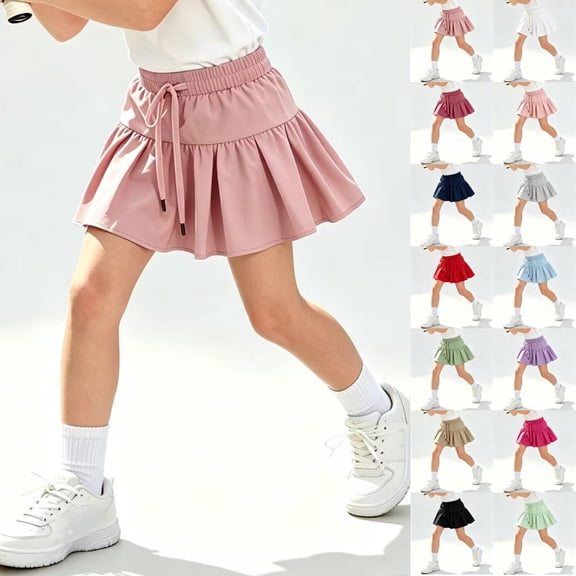 Girls Athletic Skort Pleated Tennis Skirt, Elastic Waist Drawstring Flowy with Pocket, Kids Golf Running Sports Skirts