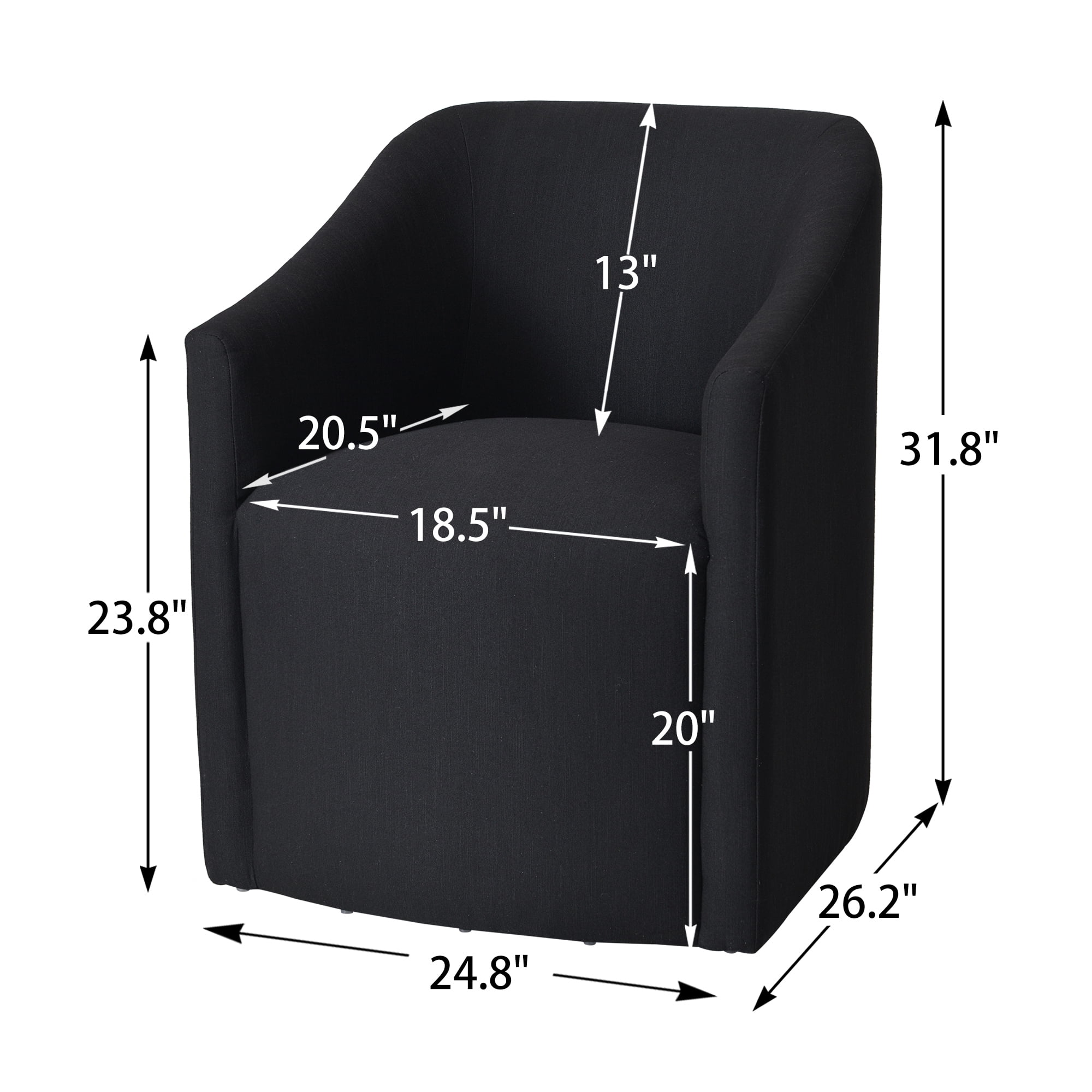 KINWELL 25" Wide Upholstered Dining Chairs with Casters Set of 2, No Assembly Modern Performance Fabric Barrel Back Rolling Dining Armchair for Kitchen Dining Room (Black)