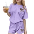 thumbnail image 2 of Girls Purple Leopard Print Bow 2 Piece Outfits Matching Set Short Sleeve T-Shirt and Shorts Casual Summer Clothes,Size 14-15T, 2 of 6