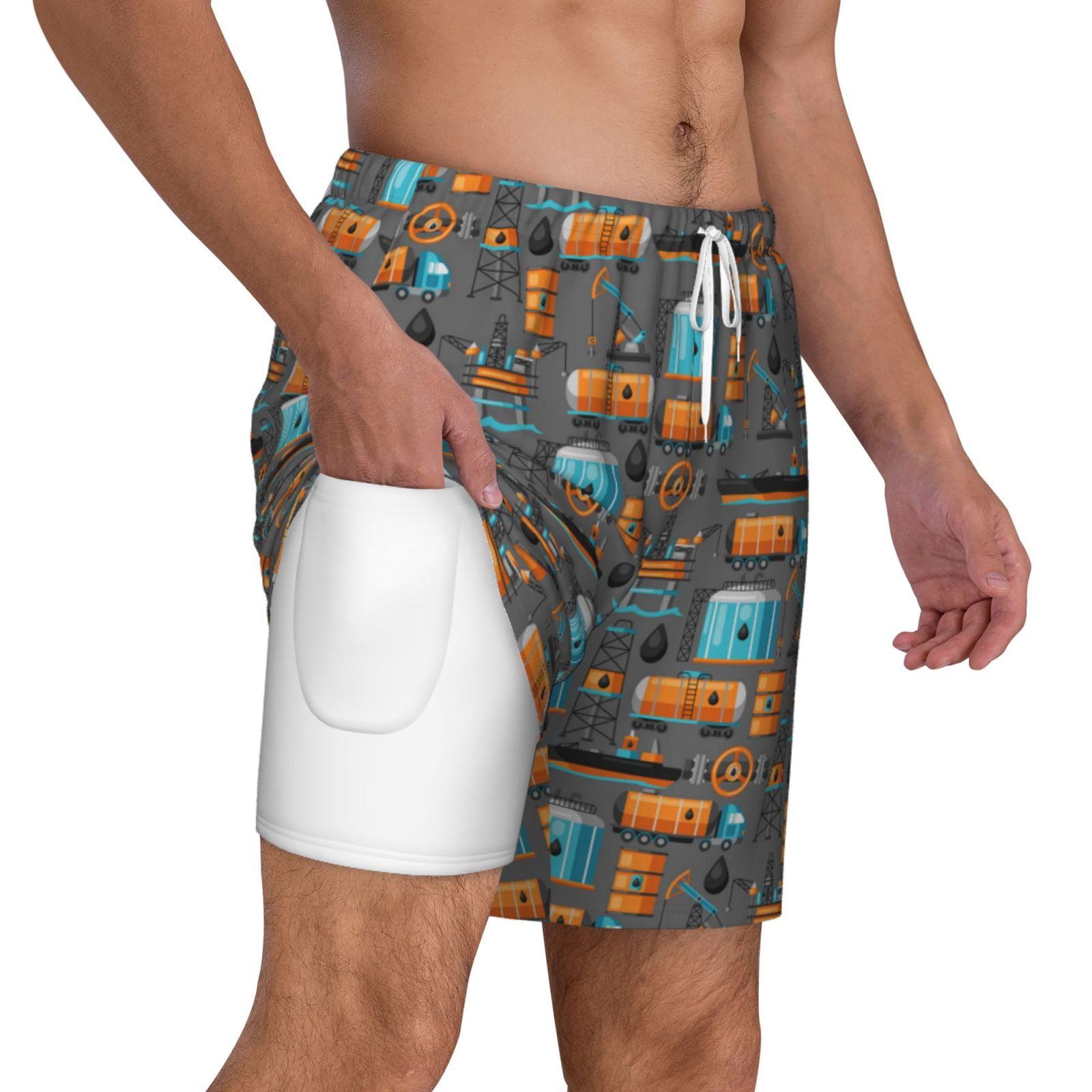 Xecao Industrial Transportation for Men's Swimming Trunks Swim Trunks Quick Dry Swim Shorts with Mesh Lining Funny Swimwear Bathing Suits