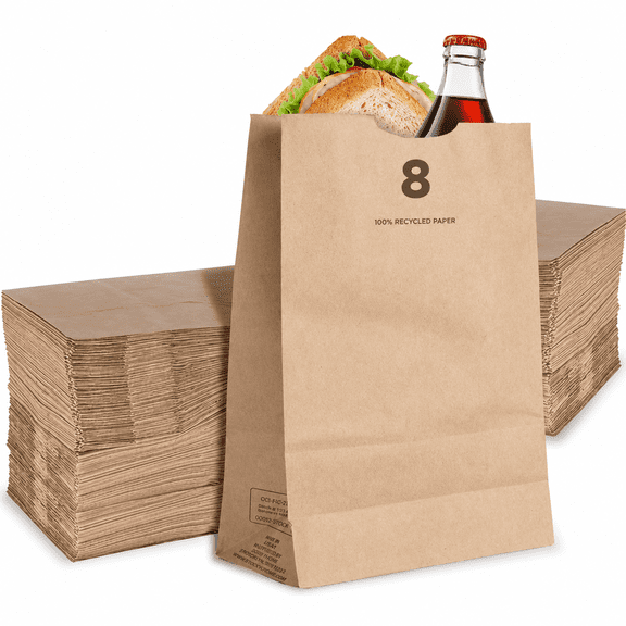 8 Lb Kraft Brown Paper Lunch Bags (50 Count) - Bulk Disposable Lunch Sacks, Medium Size Blank Bags for Snacks, Sandwiches, Grocery Food, and Arts & Crafts Projects, Stock Your Home
