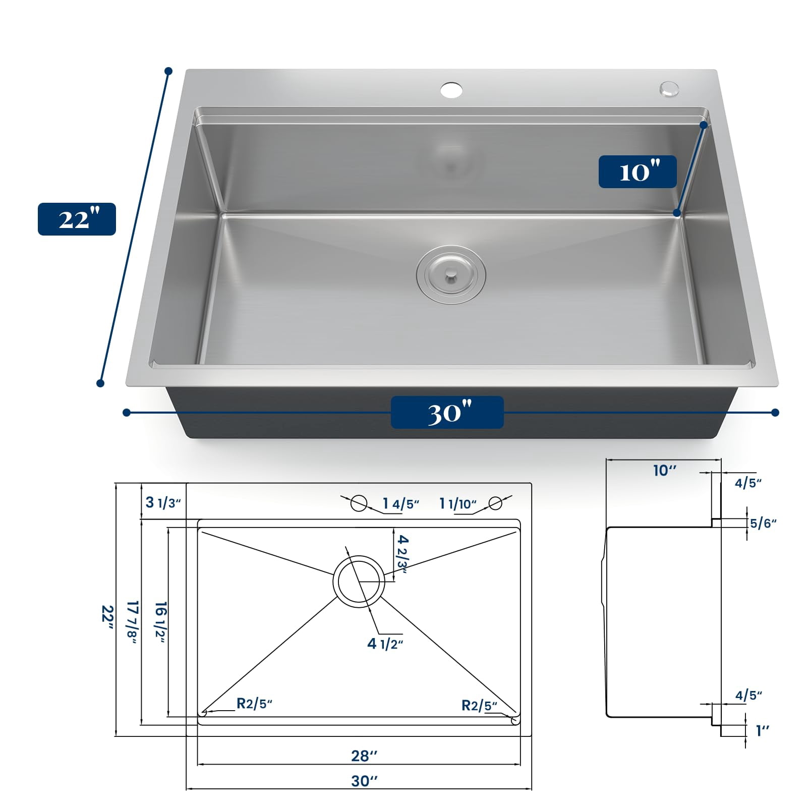 30 Inch Drop-In Kitchen Sink, 304 Stainless Steel Single Bowl Workstation Sink with Built-In Ledge, Bamboo Cutting Board, Drain Basket, Bottom Grid, Drain Assembly, and Roll-Up Rack