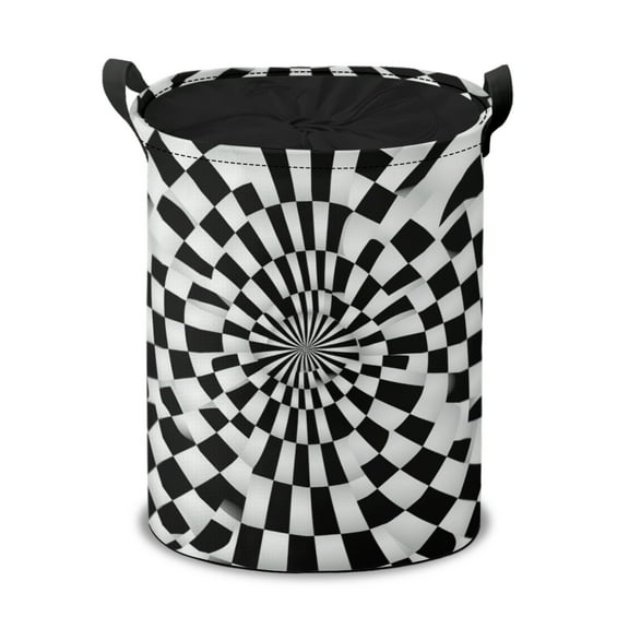 Black and White Checkered Round Laundry Hamper with Drawstring, Collapsible Dirty Clothes Storage Basket, Bedroom Nursery Dorm Bin for Toys Baby
