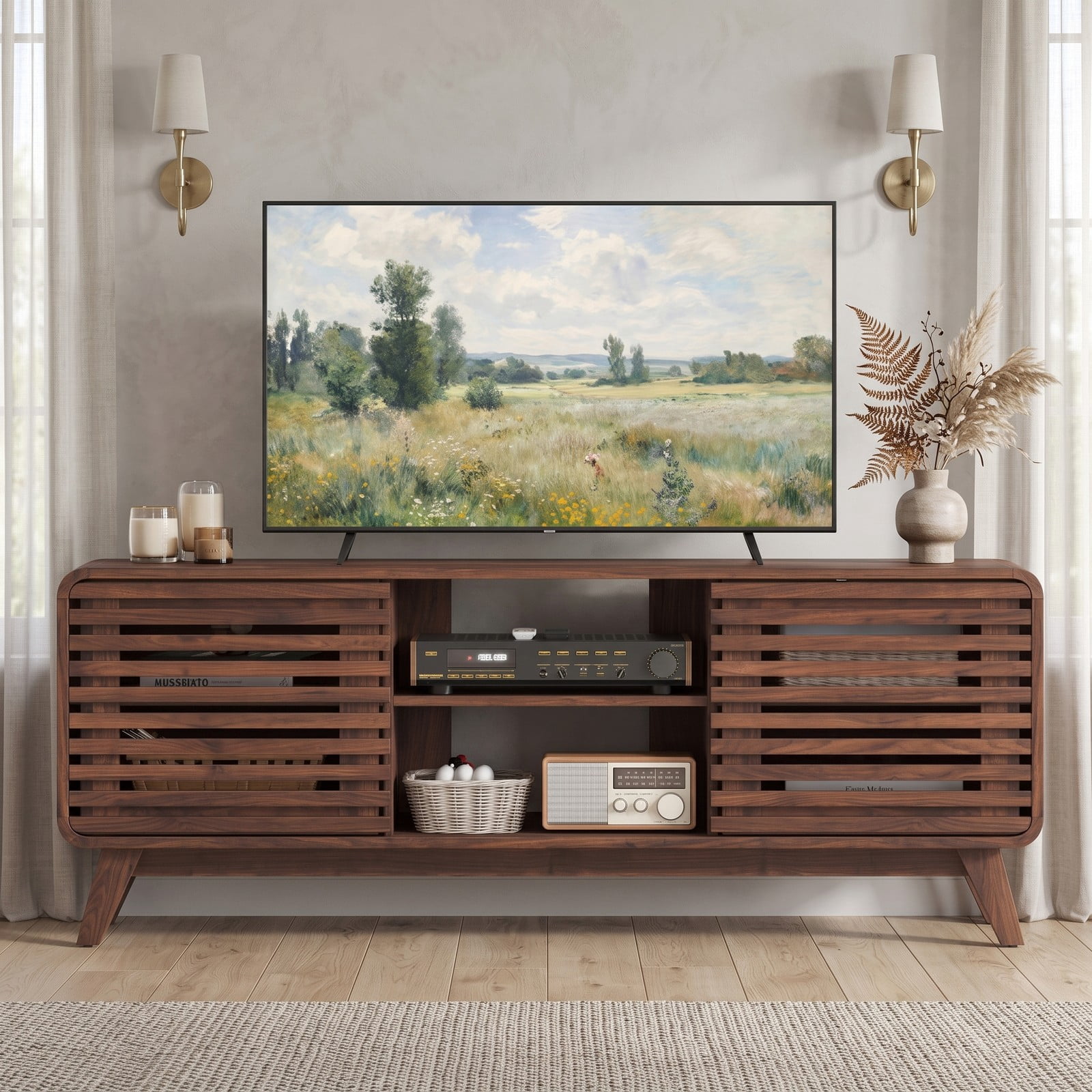 Furnibear Mid Century Modern Entertainment Center, TV Stand for TVs up to 65 Inch with Grille-Style Sliding Doors and 3 Adjustable Shelves, Media Console, Walnut