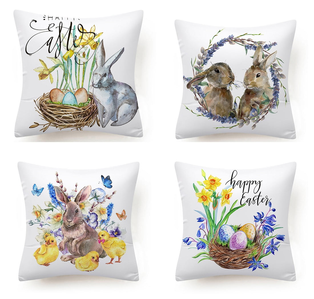 Set of 2 Farmhouse Watercolor Blue White Stripes Rabbit Eggs Cushion Cover Spring Seasonal Cotton Linen Pillow Case for Office Home Decor ZUEXT Happy Easter Bunny Throw Pillow Covers 18x18 Inch