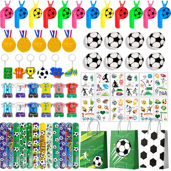 Soccer Party Favors, 96pcs Soccer Birthday Party Favors Set - Green Keychain Bags Slap Bracelet Maze Toys Stickers Winner Medals for Party Supplies