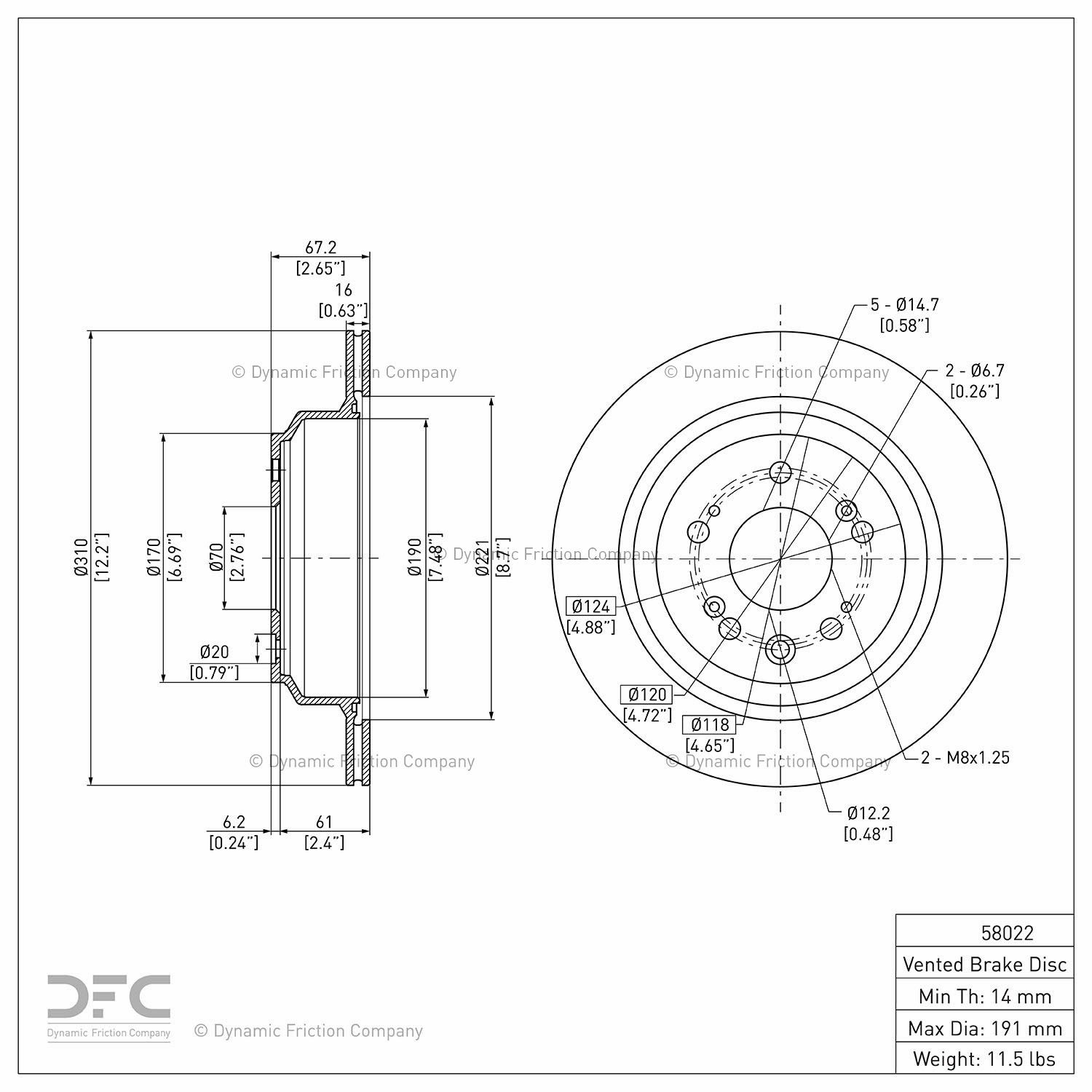 Rear Dynamic Friction Company Disc Brake Rotor 600-58022 (1) For 2005-2012 Acura RL