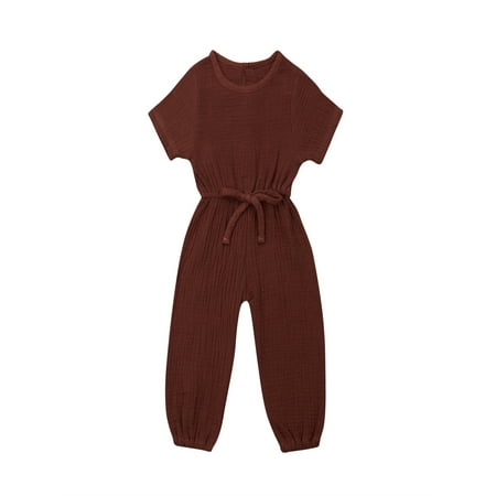 

Infant Newborn Baby Boys Girls Casual One Piece Romper Solid Round Neck Short Sleeve Elastic Waist Tie Loose Long Pants Jumpsuit