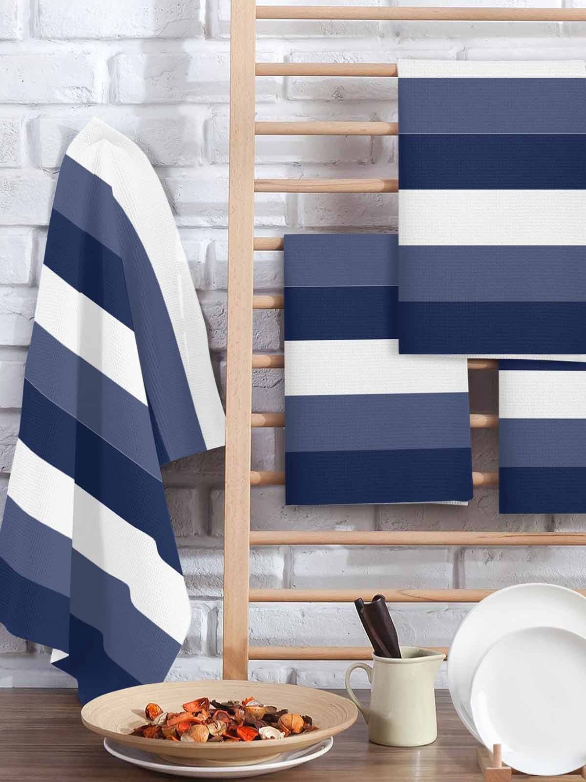 Navy Blue White Striped Hand Towels Set, Waffle Weave Kitchen Towels 4 Pieces, Farmhouse Stripes Microfiber Hair Face Bath Tea Towel Absorbent Quick Drying Cleaning Dish Cloths, 15.7"x23.6"