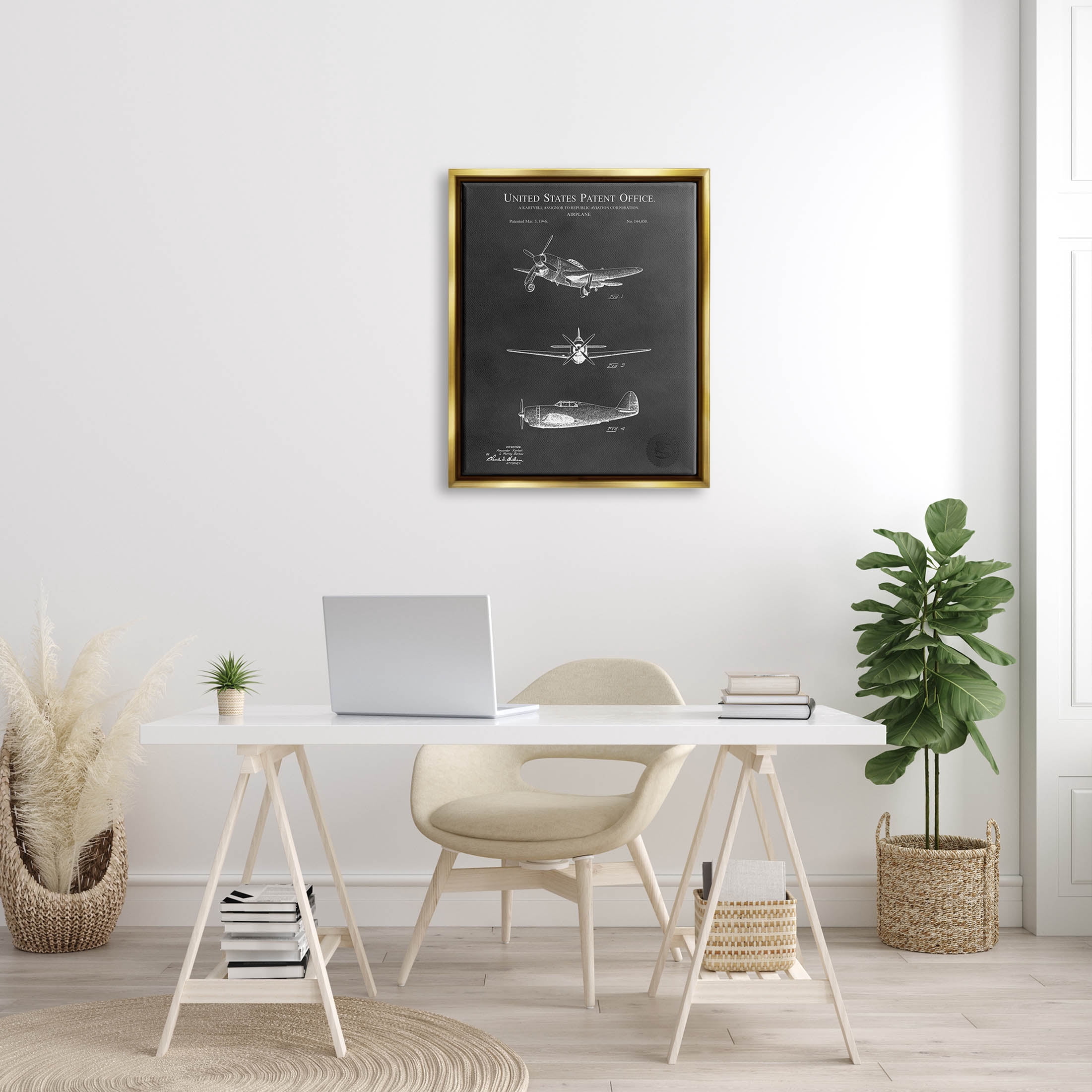 Stupell Industries Vintage Airplane Vehicle Diagram Graphic Art Metallic Gold Floating Framed Canvas Print Wall Art, Design by Karl Hronek