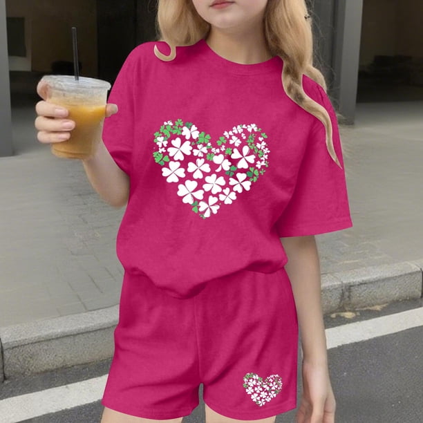 Conjuntos de blusas y camisas de cuello redondo y manga corta para niños Conjunto de dos piezas de blusas de cuello redondo y manga corta con estampado del Día de San Patricio para niños Niños poliést