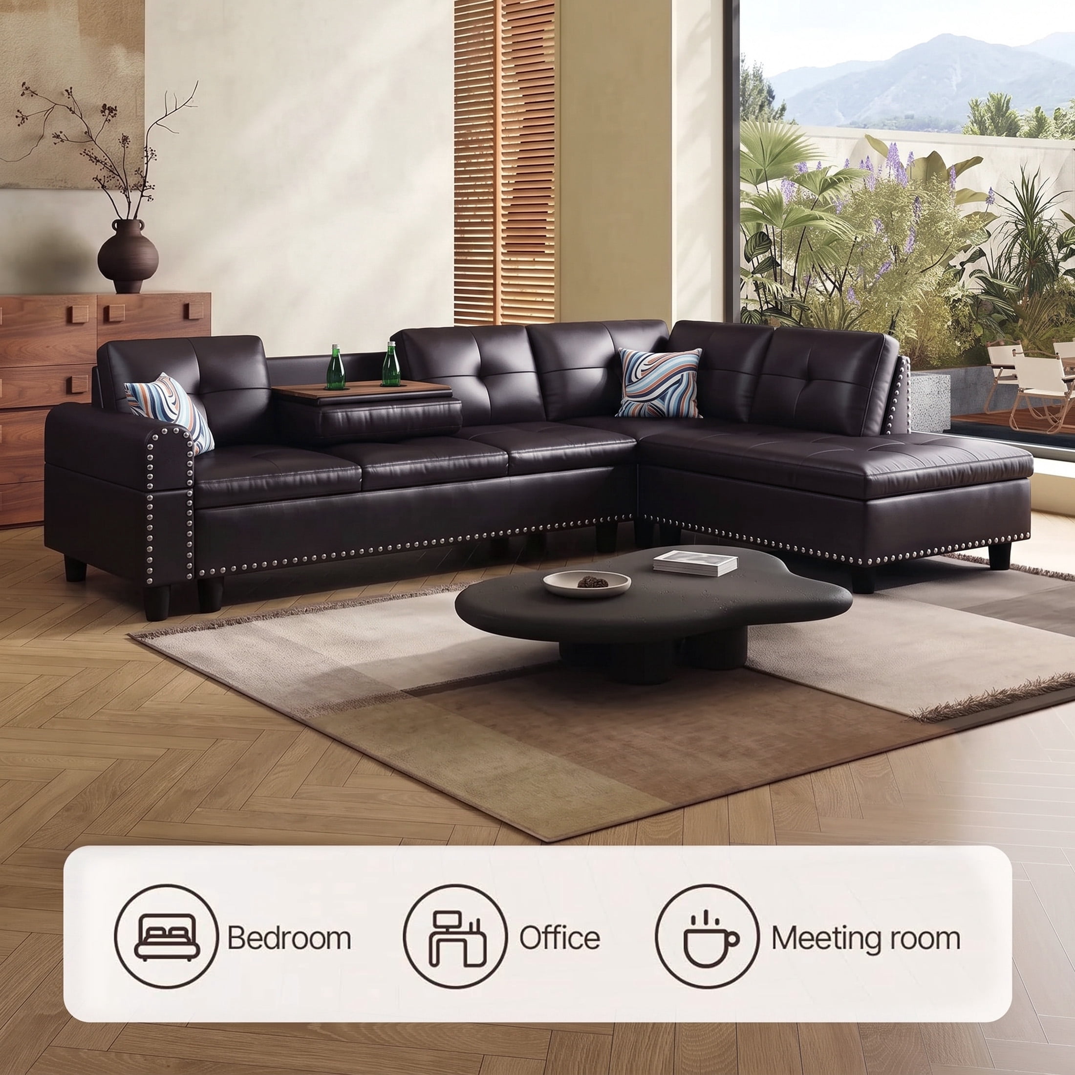 AENKYO 98" L-Shaped Sectional Sofa with Reversible Chaise and Cup Holders, Faux Leather, Brown