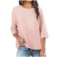 thumbnail image 1 of Staron Hauts en Coton et Lin pour Femmes Col Rond Manches Courtes Blouses Amples Décontractées Couleur Unie Basiques Tendance Été, 1 of 3