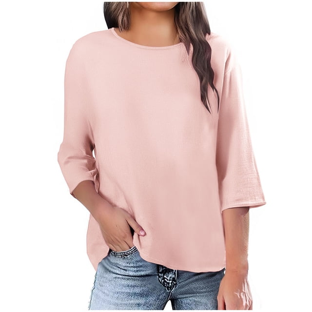 Staron Hauts en Coton et Lin pour Femmes Col Rond Manches Courtes Blouses Amples Décontractées Couleur Unie Basiques Tendance Été