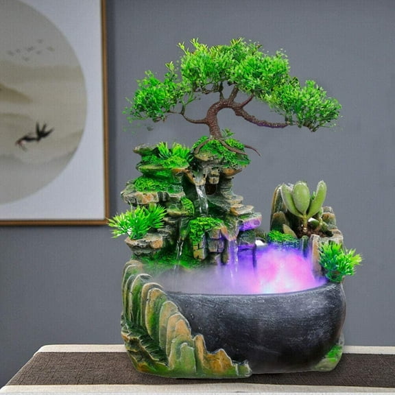 Desktop Water Fountain with Atomizing Effect, Resin Simulation Landscape, Succulent Planter & Goldfish Pond, Ideal for Home, Office, or Coffee Shop Decoration