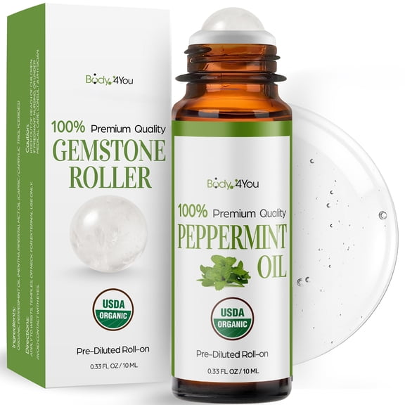 Peppermint Essential Oil Roll On for Pregnancy - 100% Pure USDA Organic MCT Coconut Oil - Pregnant Women Safe Cooling - Gemstone Roller 10ml Travel