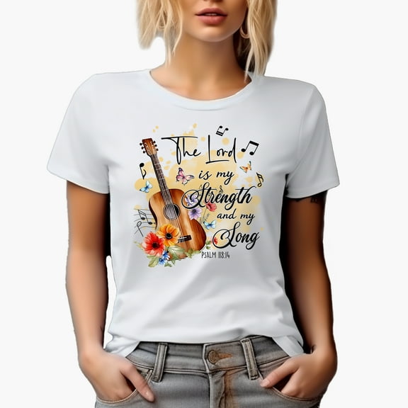 The Lord Is My Strength and My Song Psalm 118 14 with Guitar & Music Notes Art Merch Gift, White T-Shirt, Small
