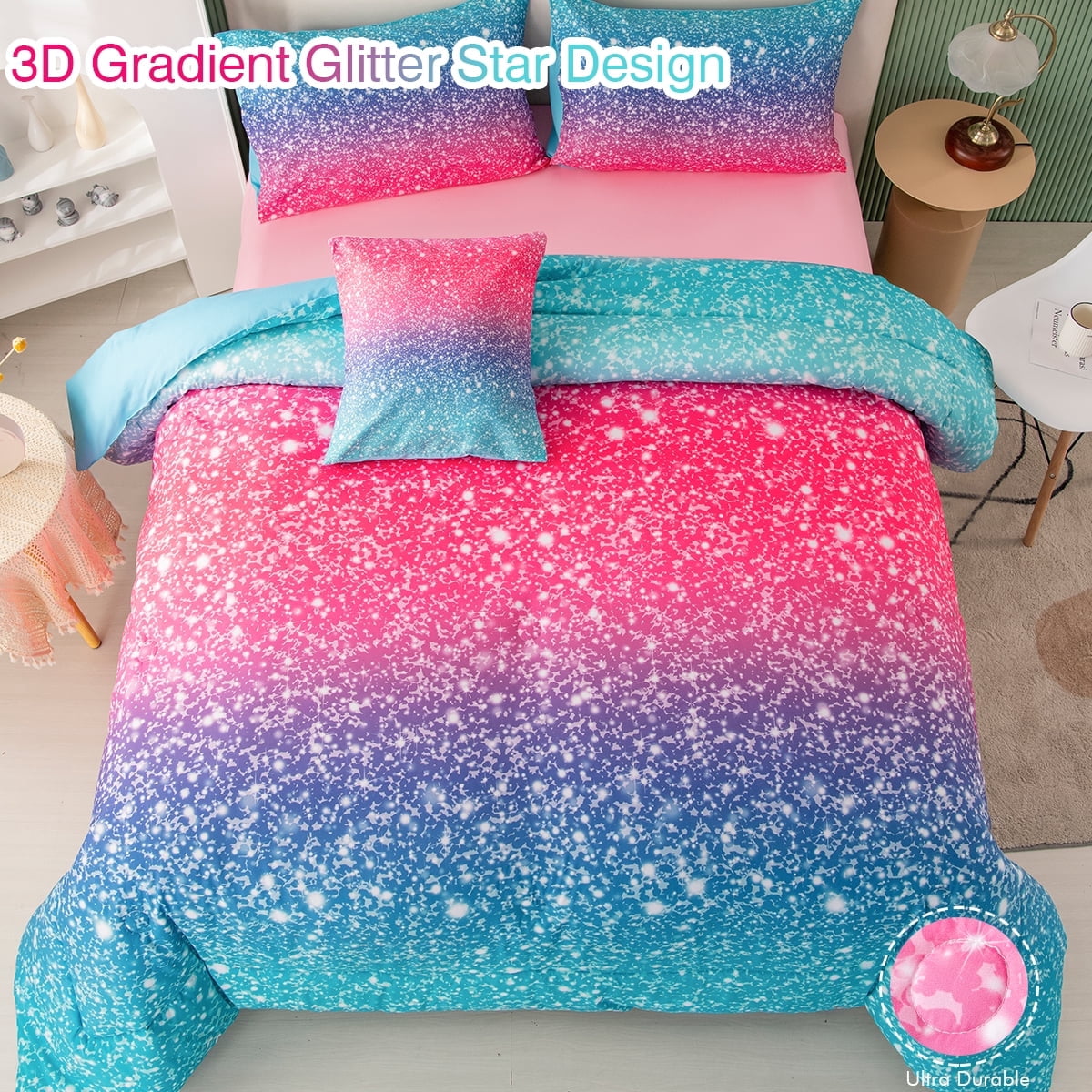 PERFEMET 6Pcs Pink Girls Queen Size Bedding Set Colorful Blue Pink Galaxy Star Kids Comfoter Set Ultra Soft Bed Set for All Season