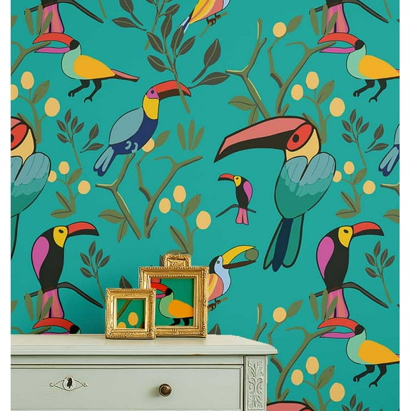 S4Sassy Tropical Bird Wallpaper- Teal Wall Covering, 25" X 120" Self-Adhesive Plain Vinyl Wallpaper, Wallwrap, Easy Diy Wall Covering For Kids Bedroom, Kids Room Decor, Playroom