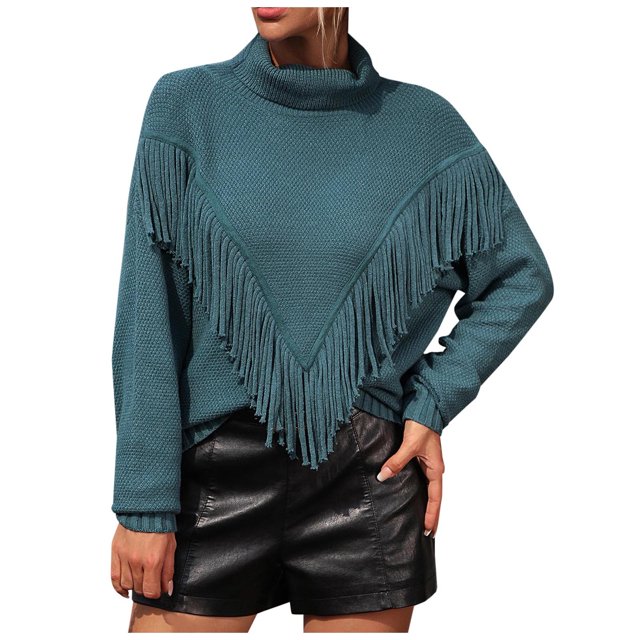 Pisexur Chandail Surdimensionné pour Femmes Doux Boho à Franges Chandail Tendance Confortable Col Rond à Franges Tricoté