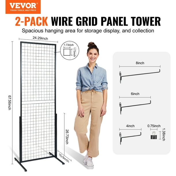 VEVOR Torre de paneles de pared de rejilla de 2' x 5.6', 2 paquetes de estantes de exhibición de rejilla de alambre con base en T de pie, paneles de pared de rejilla de doble cara