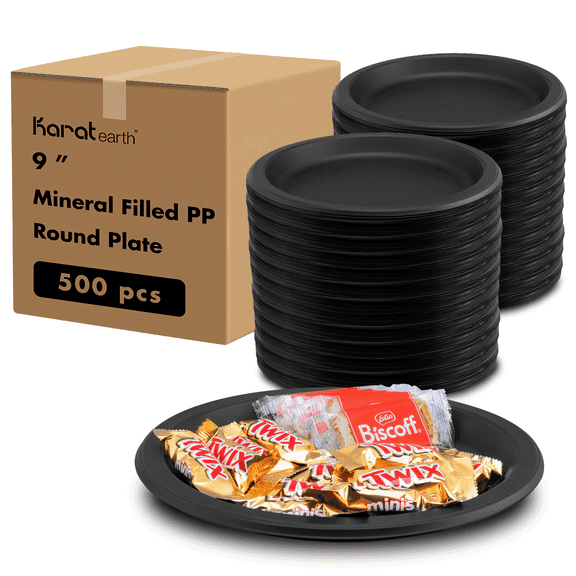 Karat Earth 9 Inch Eco-Friendly Plastic Plates [500 pcs], Black Mineral-Filled PP - Reduces Plastic Use