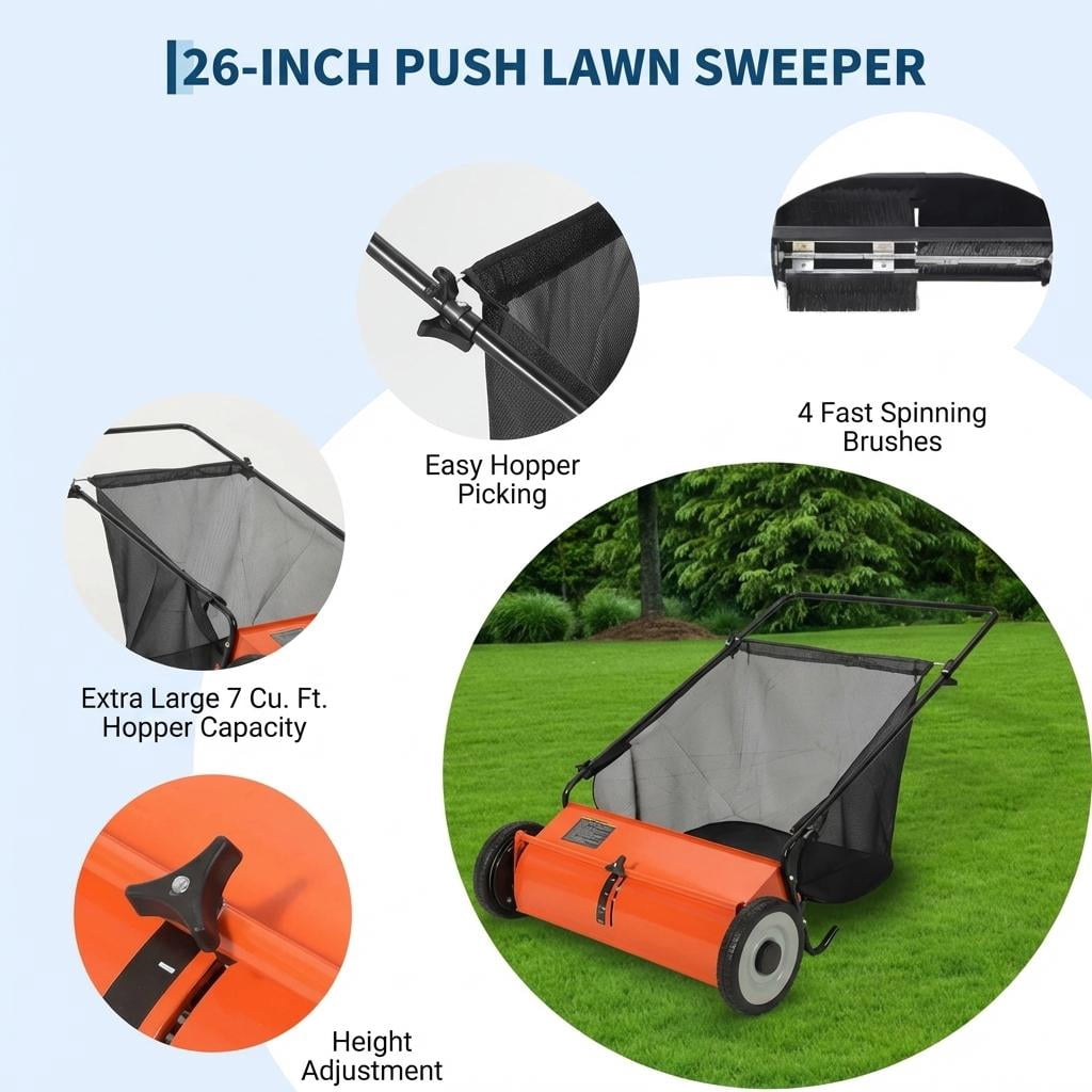 21 Inch Heavy Duty 4-Brush Push Lawn Sweeper, 3.5 Cu.Ft Large Collection Bag for Yard, Garden Cleanup