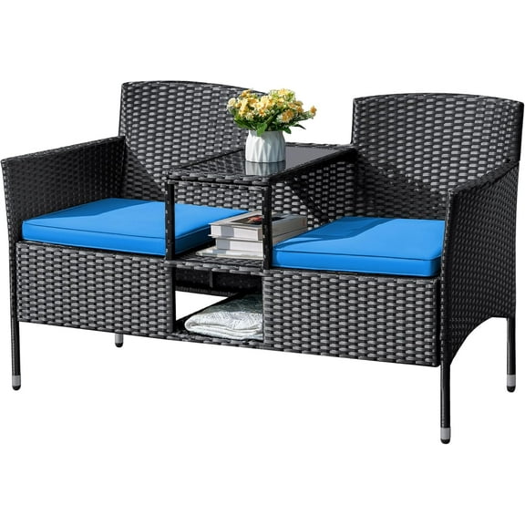 Flamaker Outdoor Furniture Patio Loveseat Wicker 2-Seat with Built-in Table and Cushions Rattan Porch Chairs Bench for Balcony, Lawn, Backyard (Blue)