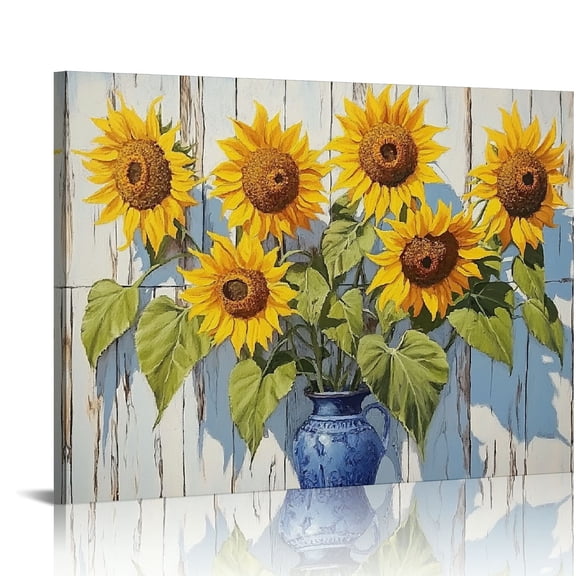 Rustic Sunflower Canvas Wall Art Vintage Yellow Flower Painting Floral on Wooden Background Picture Decor Frame Sunflower