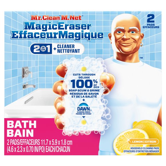 Mr. Clean Éponge EffaceurMagique, Nettoyant pour Salle de Bain, Nettoyant pour Résidus de Savon, Douche et Baignoire, Bain 2 en 1, 2 Unités