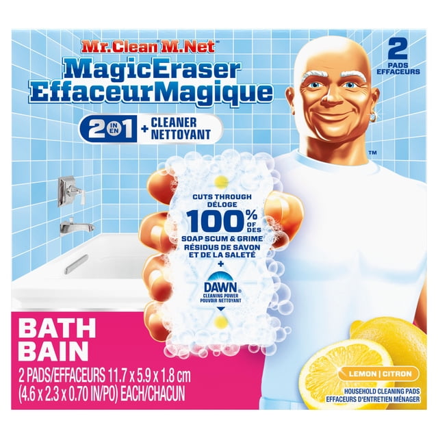 Mr. Clean Magic Eraser 2 in 1 bath cleaner with Dawn cleaning power and lemon scent, includes two household cleaning pads