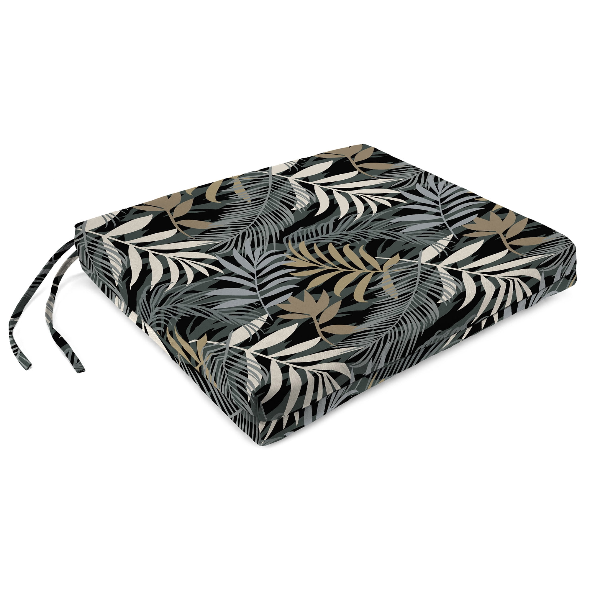 Jordan Manufacturing 17" x 19" Maryland Driftwood Black Leaves Rectangular Outdoor Chair Pad Seat Cushion with Ties (2 Pack)