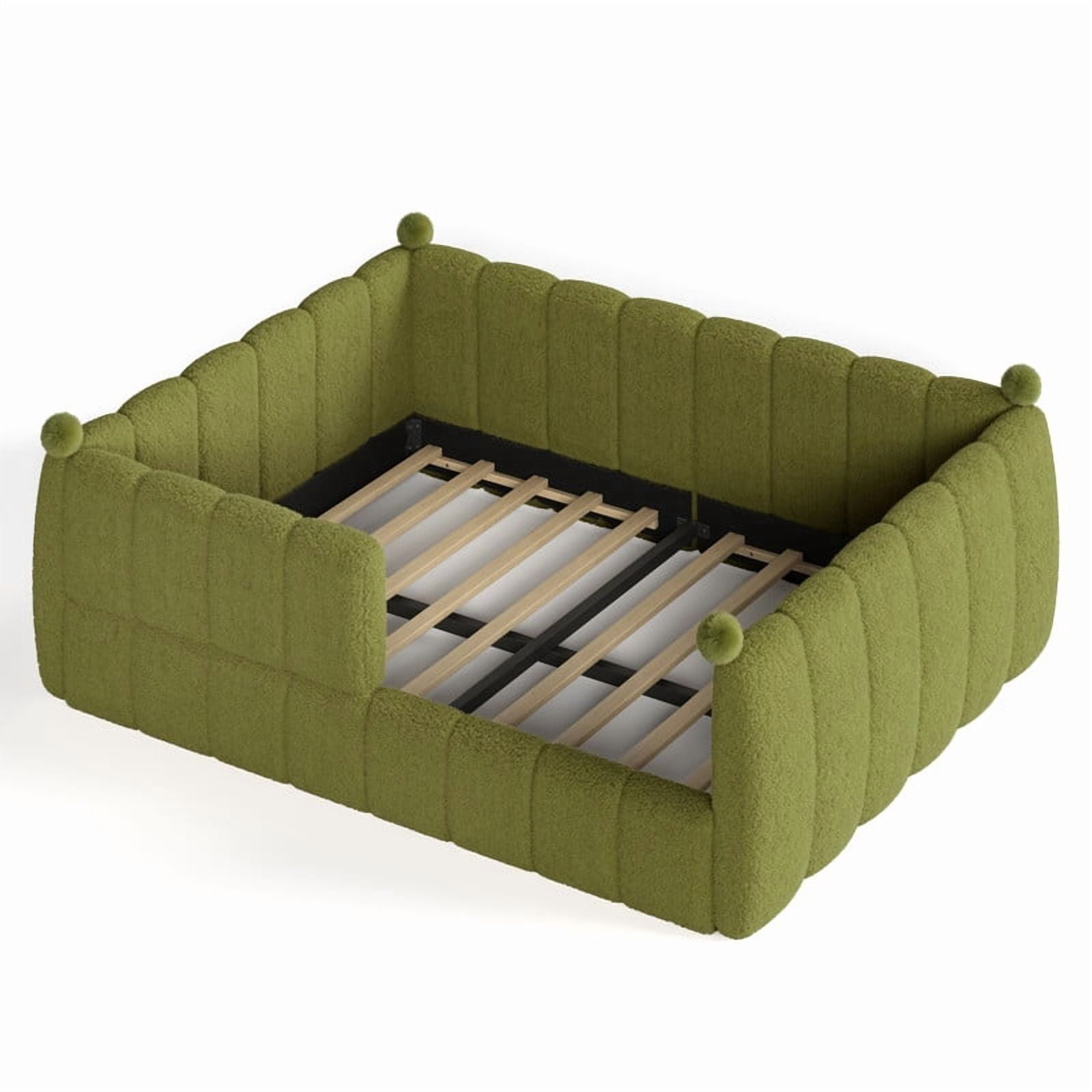 Howcool Montessori Upholstered Floor Bed,Queen Size Low Toddler Bed with Full Surround Safety Rails, Green