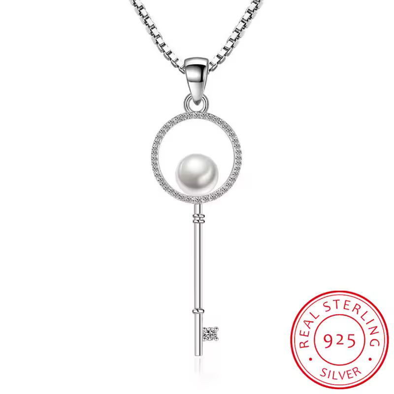 Pearl Key, variant on MIADEAL Keys to the Kingdom Necklaces in Gift Box, Cubic Zirconia, 925 Sterling Silver