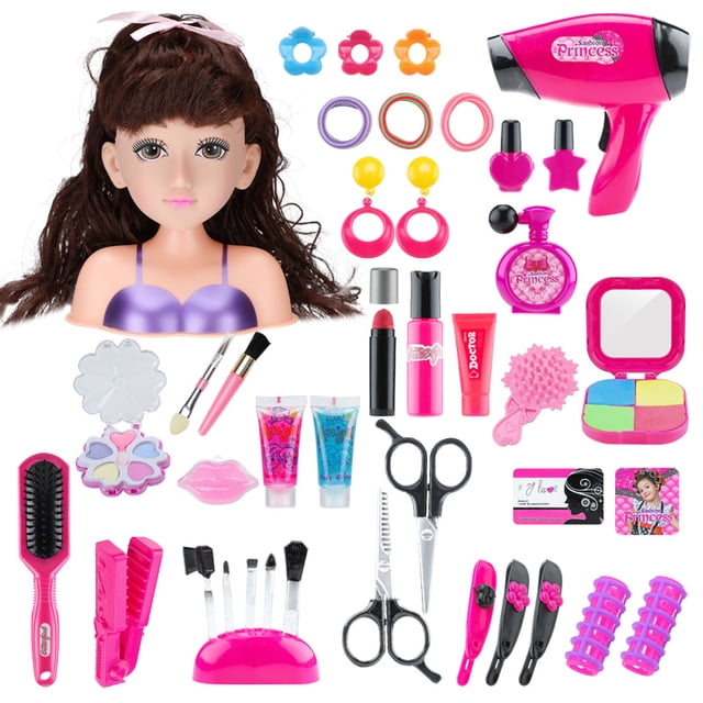 Poupée Modèle Demi-Corps Jouet pour Enfants Ensemble de Sèche-Cheveux Maquillage Coiffure et Maison de Jeu de Cheveux Poupée Fille