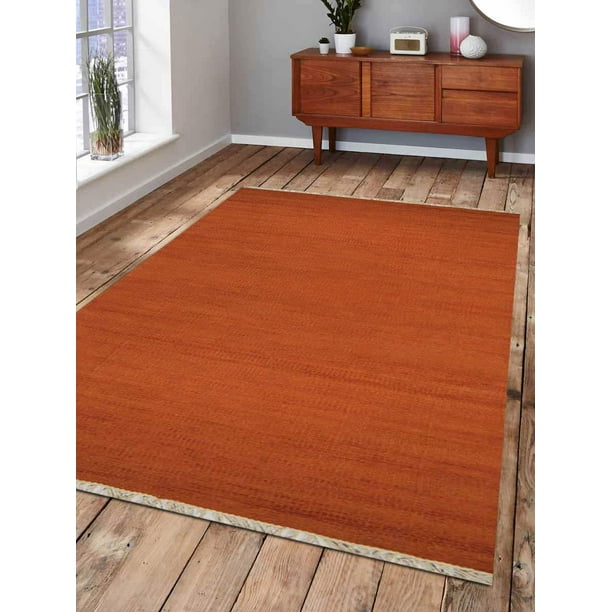 Rugsotic Carpets Hand Woven Flat Weave Kilim Wool 4'x6' Area Rug Solid Dark Orange D00111