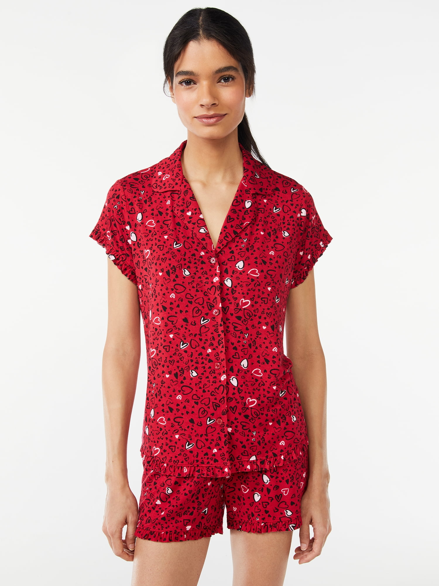 Joyspun Women's Ruffled Pajama Top and Shorts Set, 2-Piece, Sizes S to 3X