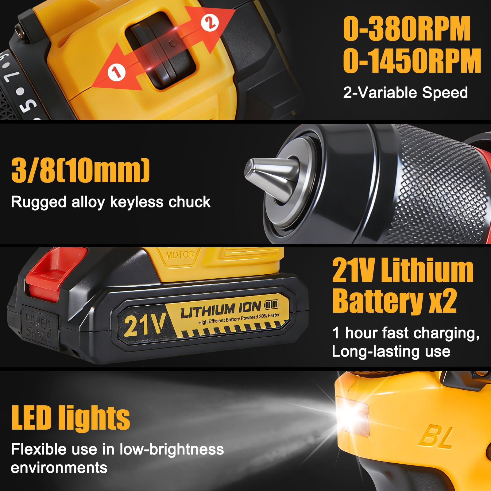 UNTIMATY Brushless Cordless Drill Driver Set, 21V Power Drill Set with Battery and Charger, 3/8" Keyless Chuck, 25+1 Position Electric Drill, 2-Speed Transmission For Screwdriving And Drilling