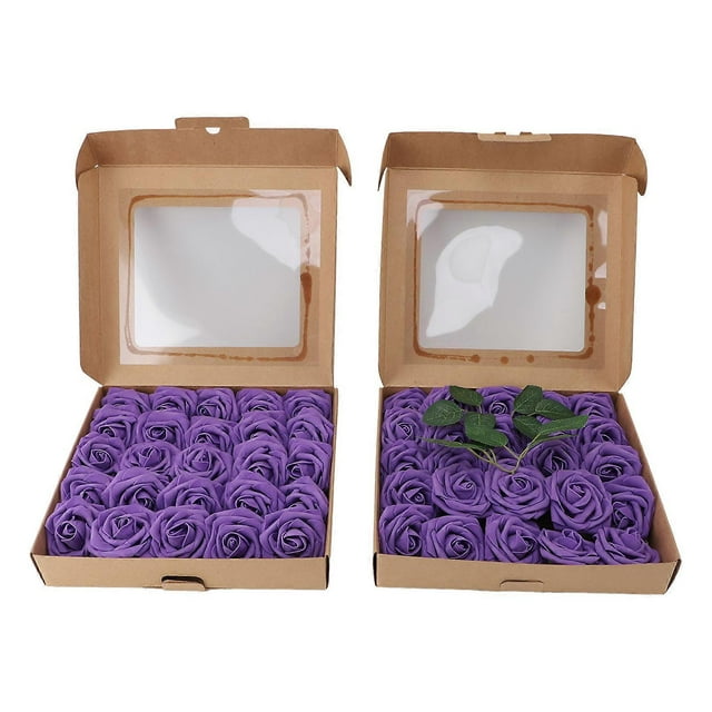 Roses artificielles décoratives réalistes en mousse PE avec tige pliable pour bouquets et compositions DIY, 50 pièces, violet foncé