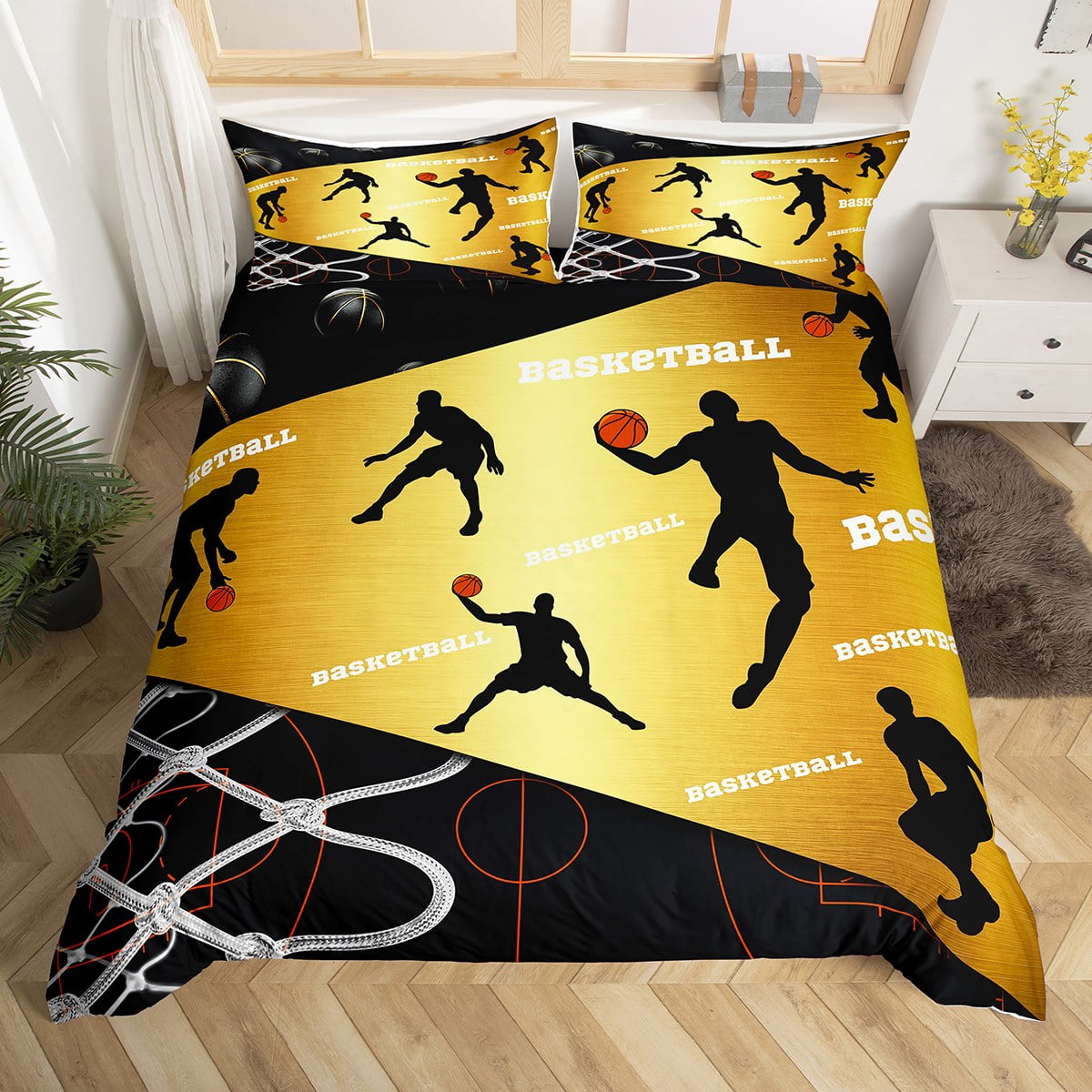 Sports Themed Duvet Cover for Teens Youth,Golden Black Basketball