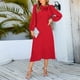thumbnail image 2 of Vestido midi liso fruncido de verano para mujer, elegante vestido de oficina con cuello redondo y manga larga con lazo, vestido de moda elegante y ajustado para mujer, 2 of 5