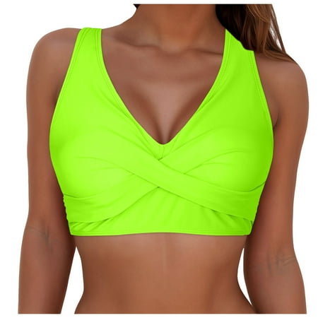 Quealent Women s Twist Front Bikini Top V Neck Push Up Padded Swimsuit Top Bathing Suits (Green S)