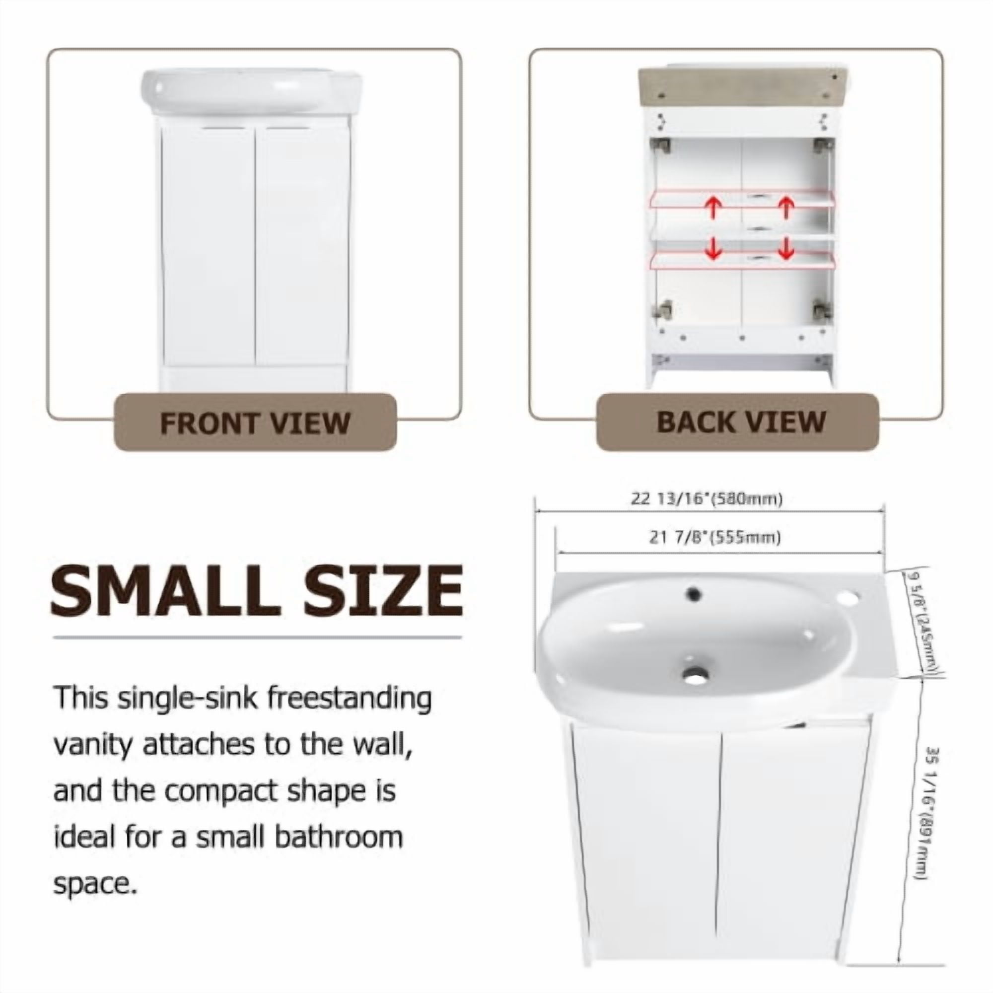 23 inch Freestanding Bathroom Vanity with Sink, Modern Compact Vanity with Soft Close Doors, Small Space Bathroom Storage Cabinet, Glossy White